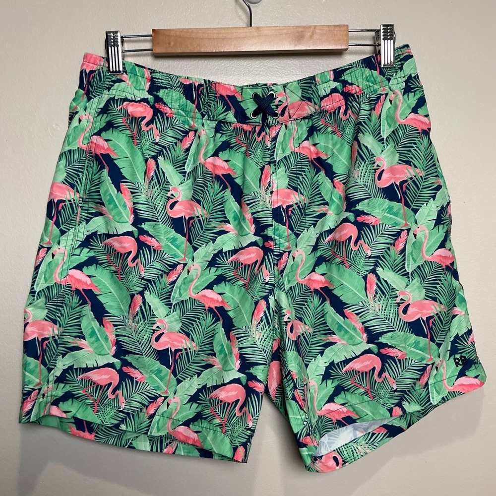 Rugged Butts Swim Shorts Mens M Green Flamingo Tropical UPF 50+ NWT